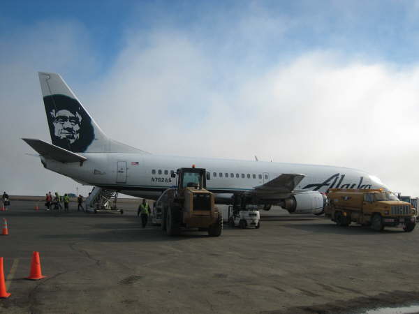 At Barrow: Boeing 737 combi (half people, half freight)