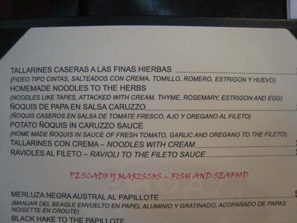 Restaurant menu at hotel in Ushuaia