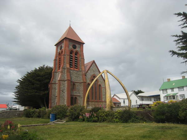 Church and whale jawbone arch at Stanley