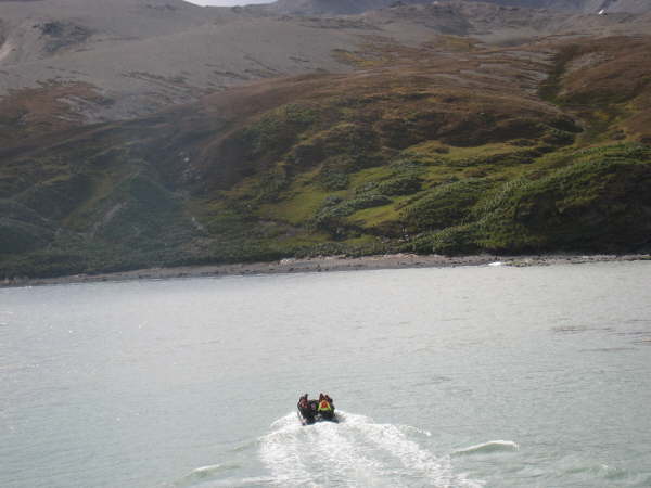 The walking party going ashore at Fortuna Bay