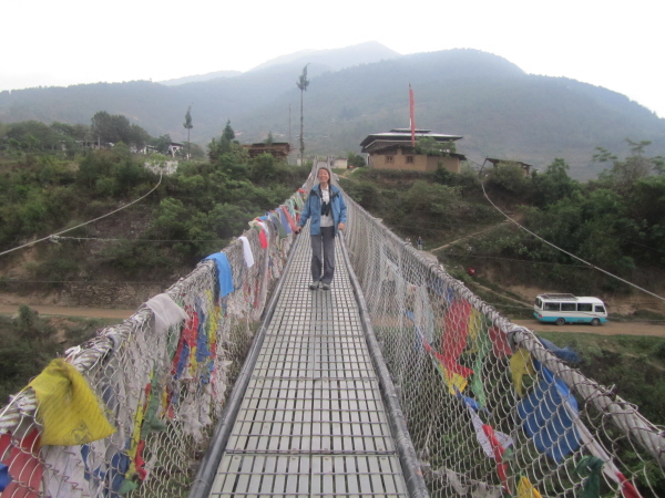 Kate on the suspension bridge near Punakha