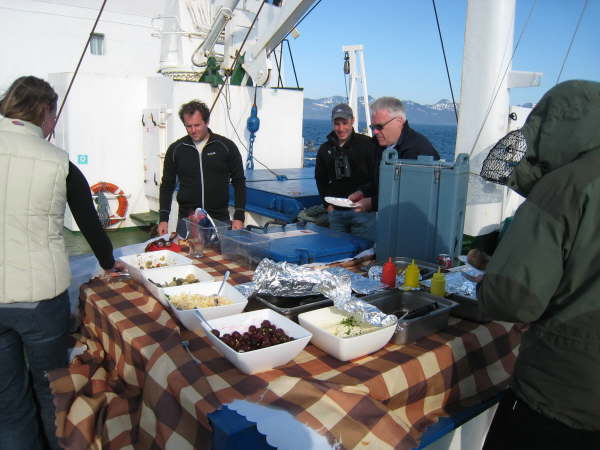 Dinner on a very windy foredeck