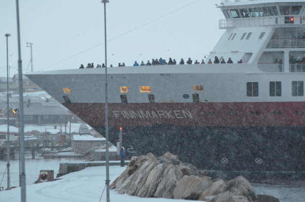 Finnmarken arriving at Vardo (dwarfing Peter)