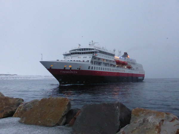 Finnmarken arriving at Vardo in the sleet