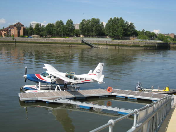 Seaplane on jetty on arrival at Glasgow